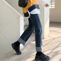 苏芈深蓝色卷边牛仔裤女直筒宽松2021新款春季秋高腰显瘦百搭阔腿裤子