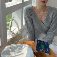 苏芈设计感交叉V领短款毛衣麻花纹理包芯纱针织上衣女