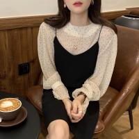 苏芈迷倒学长 温油皱褶点点内搭衬衫+经典黑色吊带裙套装