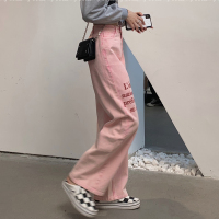 苏芈牛仔阔腿裤女2021年新款春装粉色韩版高腰显瘦宽松直筒百搭裤子潮