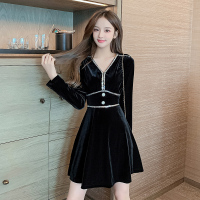 苏芈金丝绒连衣裙短款女春装2021年新款高端名媛气质显瘦黑色打底裙子