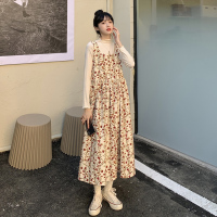 苏芈裙子法式复古小众港风长裙女春收腰显瘦气质灯芯绒碎花吊带连衣裙