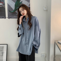 苏芈春装2021年新款别致上衣设计感小众垂感蓝色缎质衬衫女宽松慵懒风