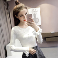 苏芈白色毛衣女2021春秋洋气木耳边纯色竖纹修身显瘦内搭打底针织衫女