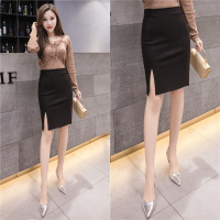 苏芈职业半身裙包臀裙工作装春季2021新款黑色高腰弹力显瘦开叉一步裙