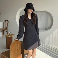 苏芈大码胖mm遮肚子显瘦连衣裙女春秋设计感系带收腰减龄娃娃领小黑裙