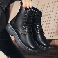 苏芈春季工装马丁靴男英伦风中帮短靴韩版潮百搭休闲男靴黑色高帮皮鞋