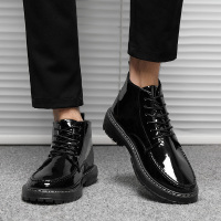 苏芈春季高帮皮鞋男士韩版潮流中帮皮靴黑色休闲马丁靴防水英伦风男靴