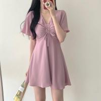 苏芈很仙的法式桔梗雪纺连衣裙2021新款夏季小清新收腰显瘦抽绳中裙子