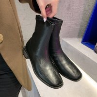 苏芈切尔西靴女2021春秋季新款短筒方头及裸靴粗跟百搭高跟米白色短靴