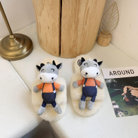 苏芈可爱卡通小牛毛毛拖鞋女外穿2021秋冬新款居家平底一字棉拖鞋