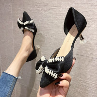 苏芈尖头单鞋女2022年春季新款时尚百搭蝴蝶结细跟仙女风高跟鞋潮