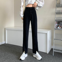 枫述黑色开叉牛仔裤女春季秋2021新款高腰宽松阔腿裤子设计感直筒裤