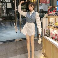 枫述炸街显瘦两件套装2021年春季新款洋气衬衫连衣裙牛仔马甲时尚女装