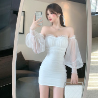 枫述连衣裙2021年春季新款韩版气质一字肩性感收腰显瘦泡泡袖短裙女装
