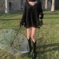 枫述黑色毛衣女春季2021年新款气质韩版性感中长款外穿慵懒针织衫上衣