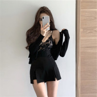 枫述大码胖妹妹心机显瘦套装裙女春季新款蕾丝背心+开衫+半身裙三件套