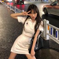 枫述大码女装春夏新款辣妹风套装胖妹妹polo领短款上衣+半身裙两件套