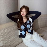 枫述大码胖妹妹日系复古菱格针织上衣春秋新款宽松拼接V领毛衣开衫ins