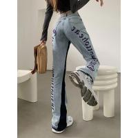 枫述大码胖妹妹复古字母印花牛仔裤女春季新款设计感拼色直筒阔腿长裤