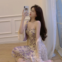 枫述春季新款胖妹妹法式两件套温柔收腰吊带裙大码蕾丝防晒短开衫套装