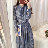 枫述波点长裙雪纺连衣裙春装2021新款法式复古百褶裙淑女系带打底裙子