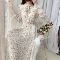 枫述碎花雪纺连衣裙长裙春装2021新款韩版气质仙女裙百褶裙系带打底裙