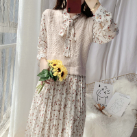 枫述毛衣马甲碎花雪纺连衣裙女春装2021新款系带打底长裙两件套装裙仙