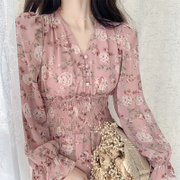 枫述温柔风淑女碎花裙雪纺连衣裙春装2021年新款收腰显瘦v领仙女长裙