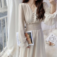 枫述波点雪纺连衣裙子女春装2021新款甜美文艺长裙超仙复古显瘦打底裙