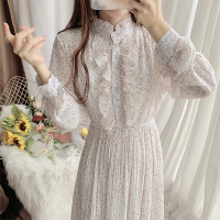 枫述春装2021新款高领连衣裙碎花雪纺长裙淑女风气质仙女裙百褶打底裙