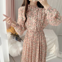 枫述木耳边高领碎花雪纺连衣裙春装2021年新款淑女百褶长裙气质仙女裙