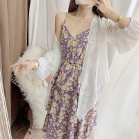 枫述春夏装2021新款白色雪纺衫防晒衣开衫吊带裙碎花连衣裙两件套装裙