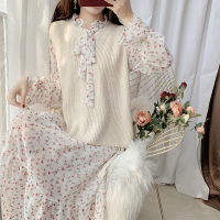 枫述套头毛衣马甲复古碎花裙雪纺连衣裙套装裙子两件套文艺长裙仙女裙