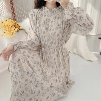 枫述木耳边碎花雪纺连衣裙春装2021年新款显瘦气质仙女裙百褶打底长裙