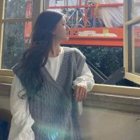 枫述赵露思同款衣服小清新韩版宽松毛衣马甲泡泡袖衬衫女春秋装两件套