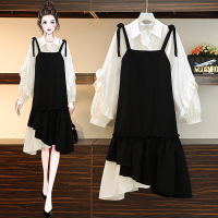 枫述连衣裙春款女装2021年新款衬衫套装裙大码胖mm显瘦背带裙子两件套