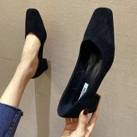 单鞋女2021春季新款方头粗跟奶奶鞋复古浅口温柔风晚晚鞋韩版百搭