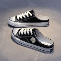 小雏菊帆布鞋女鞋春季2021年新款一脚蹬懒人半拖小白鞋子夏季百搭