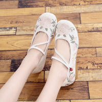 老北京低跟绣花鞋古风汉服鞋子女百搭布鞋软底休闲米白粉色古装鞋