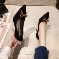 高跟鞋女2021春季新款尖头细跟蝴蝶结单鞋百搭黑色工作鞋职业女鞋