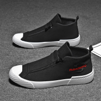 男鞋2021春季新款高帮帆布潮鞋百搭拉链板鞋懒人一脚蹬休闲鞋布鞋