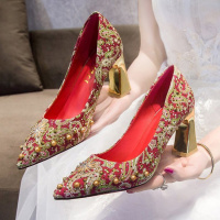 秀禾服鞋中式婚鞋女红色礼服敬酒高跟鞋粗跟绣花新娘孕妇结婚鞋子