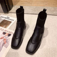 枫述槿岸切尔西高跟短靴女2021年秋冬新款方头棕色马丁靴粗跟瘦瘦袜靴单靴