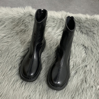 枫述槿岸长靴女不过膝2021年秋季新款网红百搭后拉链高筒靴黑色圆头短靴子