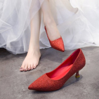 枫述桔宿3cm红色水晶新娘结婚鞋子女2021年新款5伴娘香槟色细跟高跟鞋