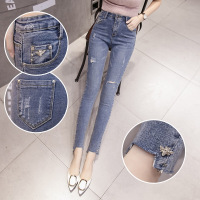 枫述破洞牛仔裤女春季2021新款修身显瘦小脚百搭弹力九分紧身铅笔裤子