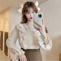 枫述早春衬衫女设计感小众2021年春秋新款甜美春装v领上衣蕾丝衬衣