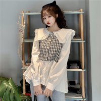 枫述法式甜美格子拼接衬衫女2021年春秋新款宽松百搭娃娃领假两件上衣