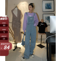 枫述春秋港风复古chic减龄牛仔背带裤女高腰垂感宽松阔腿裤拖地长裤子